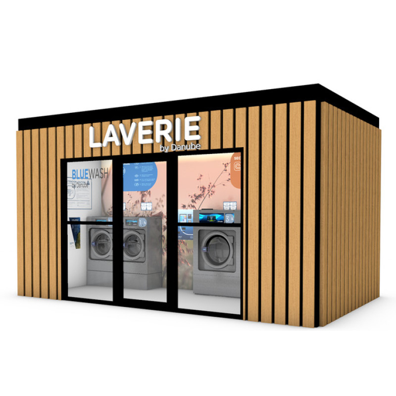 Bungalow laverie automatique 6,60M – 2 laveuses 8 kg + 1 laveuse 14 kg + 2 laveuses 18 kg + 1 séchoir simple + 1 séchoir double