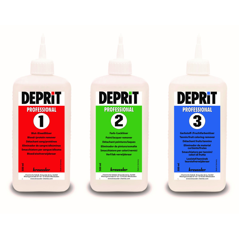 Kit de produits de détachage pour utilisateurs professionnels du nettoyage des textiles Kreussler DEPRIT PROF SET 1-3 | AMS