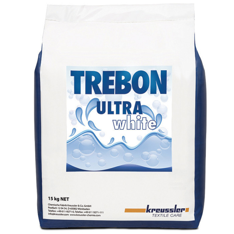 Lessive universelle hautement concentrée à désinfection pour le lavage du linge blanc en eau dure et douce à 30 – 40 – 60 – 90 °C. Exempte de phosphates et de NTA Kreussler TREBON ULTRA WHITE | AMS
