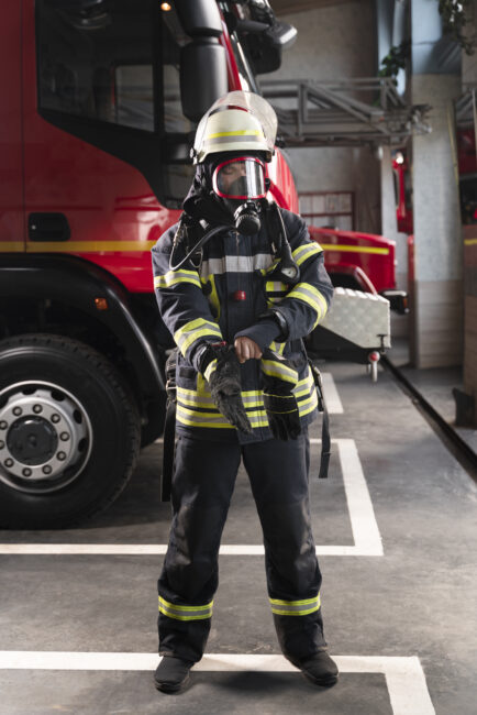 pompier station equipe combinaison protection masque anti feu